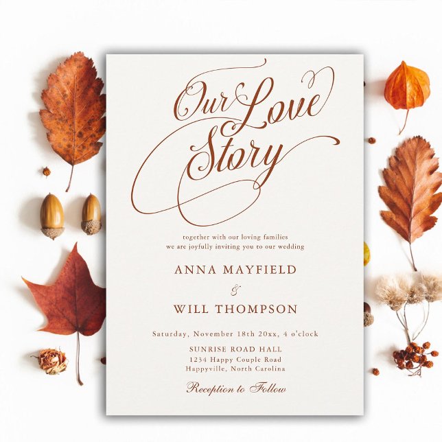 Convite Queda Caligrafia Romântica Nosso Casamento De Hist (our love story romantic calligraphy wedding invitation terracotta elegant modern classic formal)