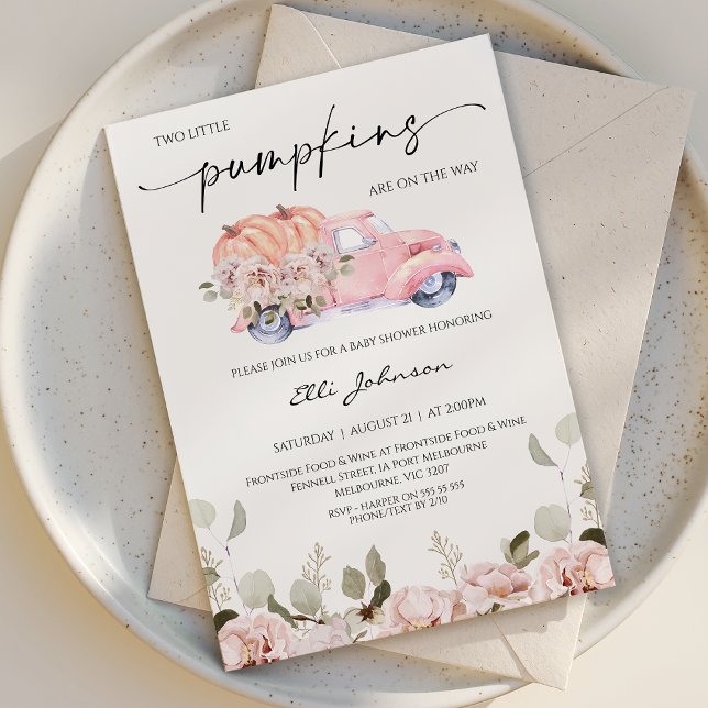 Convite Queda Chá de fraldas de Bompkin Feminina Gêmea (Girl Twin Little Pumpkins Baby Shower Invitation Template, Feminine Fall Little Pumpkins Baby Shower)