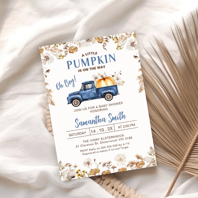 Convite Queda Chá de fraldas Pumpkin Azul Flor Azul (Wildflowers Fall Little Pumpkin Baby Shower Invitation, Boy Blue Little Pumpkin Truck Baby Shower )
