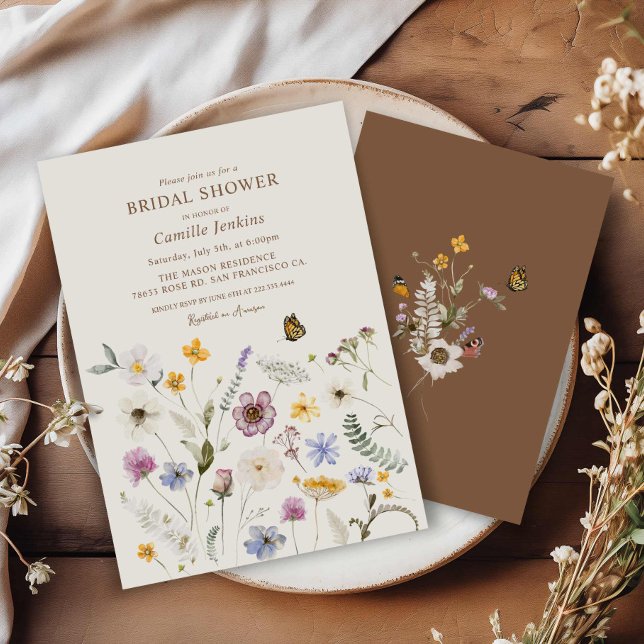 Convite Queda Chá de panela de flor selvagem (Wildflower Fall Boho Bridal Shower Invitation)