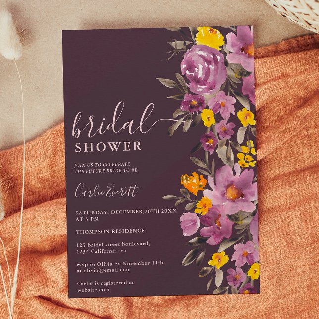 Convite Queda chá de panela floral roxo escuro de inverno (Fall Winter dark purple floral bridal shower Invitation)