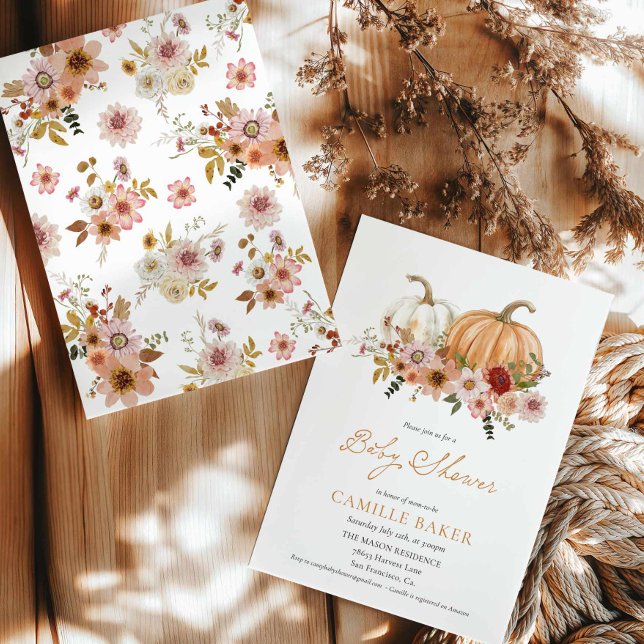 Convite Queda Chamada de Chá de fraldas Floral Pumpkin (Autumn Pumpkin Floral Girl Baby Shower Invitation)