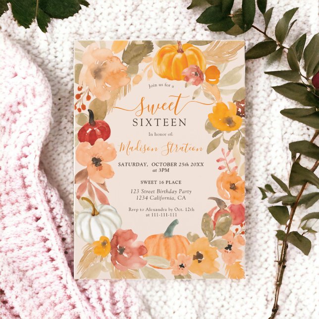 Convite Queda Chic Boho abóbora floral Sweet 16 anos (Fall Chic Boho pumpkin floral Sweet 16 birthday Invitation)
