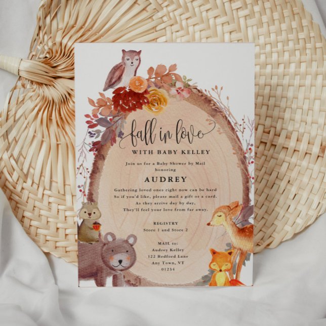 Convite Queda de animais florestais apaixonados, Chá de fr (Cute Fall In Love rustic Baby Shower invitations)