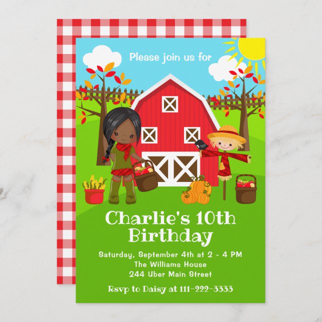 Convite Queda de Autumn Barnyard Birthday Dark Skin Girl (Frente/Verso)