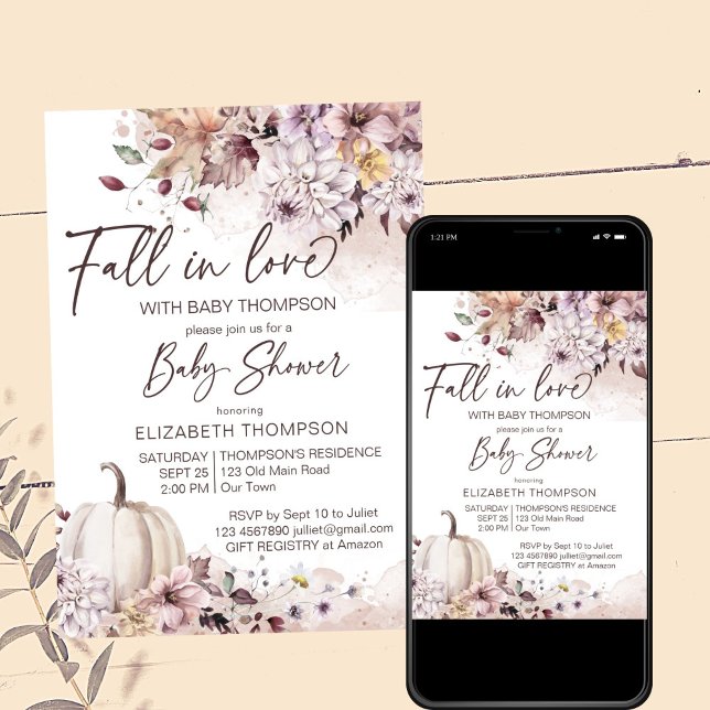 Convite Queda de chá de fraldas pastel boho bompkin (Fall in love boho pastel pumpkin baby shower editable template invitation digital download watercolo)