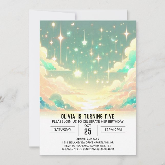 Convite Queda de estrelas moderna e celestial Aniversário  (Frente)