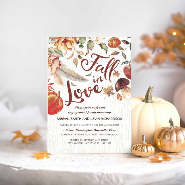Convite Queda de Festa de noivado de abóbora de colheita (Fall in Love Engagement Party Invitations featuring Autumn Harvest)