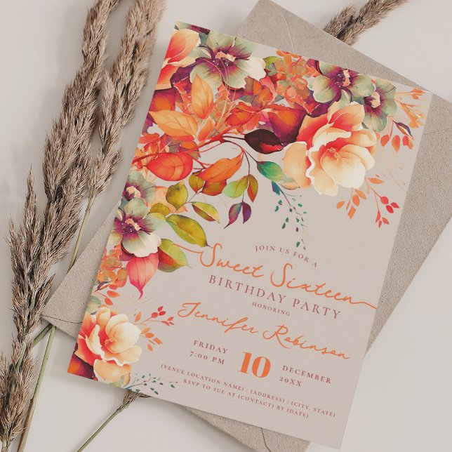 Convite Queda de outono de Champanhe Floral Sweet 16 Anive (Fall Autumn Floral Sweet 16 Birthday Champagne Invitation)