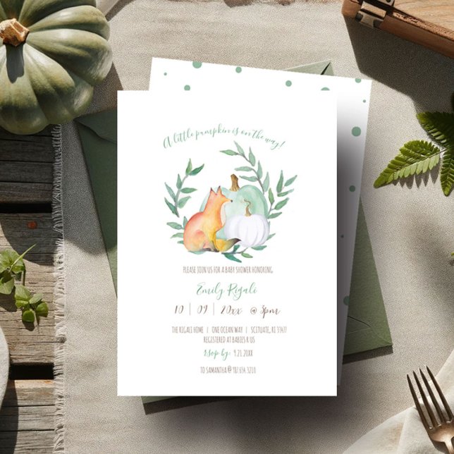 Convite Queda de Raposa e Chá de fraldas de Abóbora (Gender neutral baby shower invitations fall woodland fox green and what pumpkin greenery watercolor)