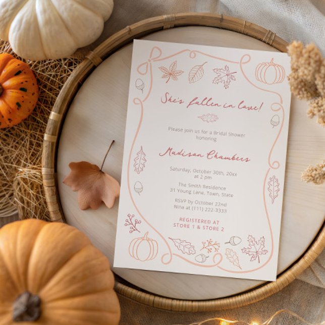 Convite Queda De Vermelho Laranja Whimsso No Chá de panela (Fall leaves doodles wedding shower invitation in soft red orange autumn colors with handwritten font)