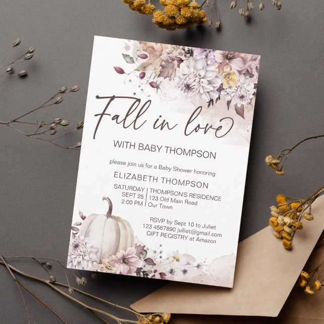 Convite Queda do chá de fraldas de abóbora de folhagem pas (Fall in love autumn baby shower chrysanthemums pumpkin watercolor foliage invite template )
