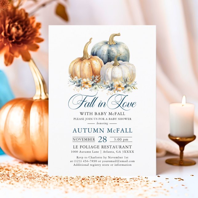 Convite Queda do Chá de fraldas de amor Dourado Pumpkins A (Fall in Love Baby Shower Gold Blue Pumpkins Invitation)