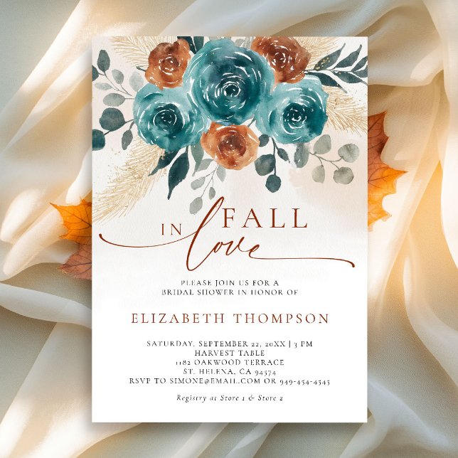 Convite Queda do Chá de panela de Teal Burnt Orange Boho (fall in love bridal shower invitation teal burnt orange terracotta watercolor floral botanical earth)