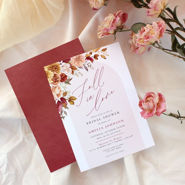 Convite Queda do Chá de panela Floral Elegante (Fall in Love floral bridal shower invitation, watercolor flower corner border, script, modern)