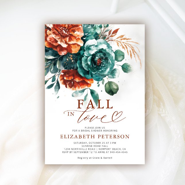 Convite Queda do Chá de panela Teal Terracotta Boho (fall in love bridal shower invitation teal burnt orange terracotta watercolor floral pampas boho)