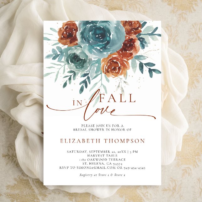 Convite Queda do Chá de panela Teal Terracotta Boho (fall in love bridal shower invitation teal burnt orange terracotta watercolor floral botanical class)