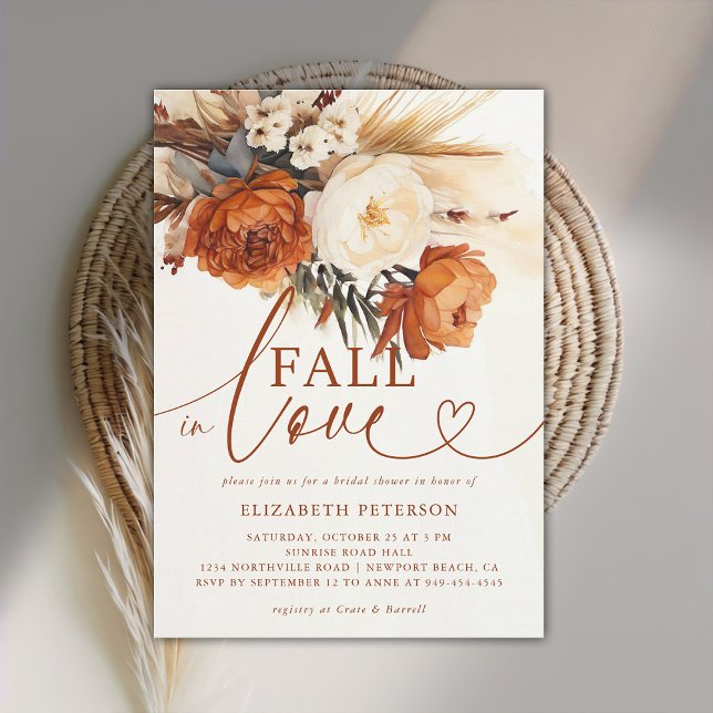 Convite Queda do Chá de panela Terracotta Pampas Boho (fall in love bridal shower invitation boho pampas floral botanical terracotta burnt orange)