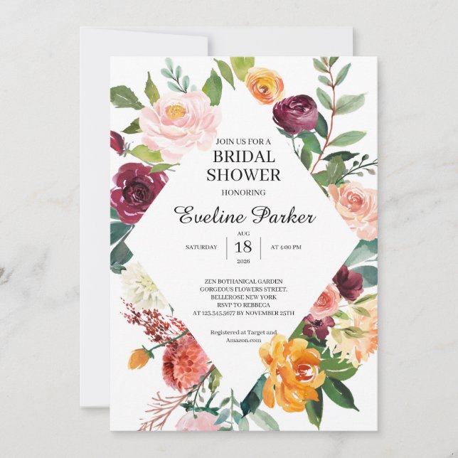 Convite Queda e outono Blush Flores de Borgonha Laranja (Frente)