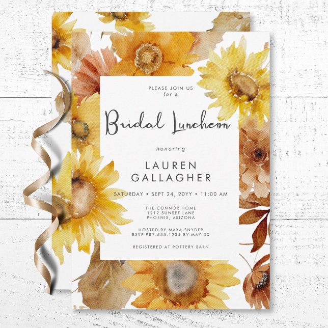 Convite Queda Moderna Moldura Floral de Girassol Bridal Al (Modern Fall Sunflower Floral Frame Bridal Luncheon Invitation)