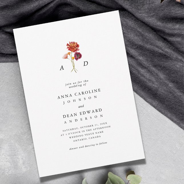 Convite Queda Monograma Botânico de Flor Selvagem Código Q (Criador carregado)