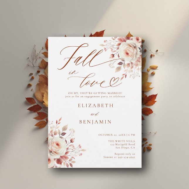 Convite Queda na Festa de noivado de Rosas Terracotta (fall engagement party invitation rustic rose foliage floral botanical frame elegant modern backyard )