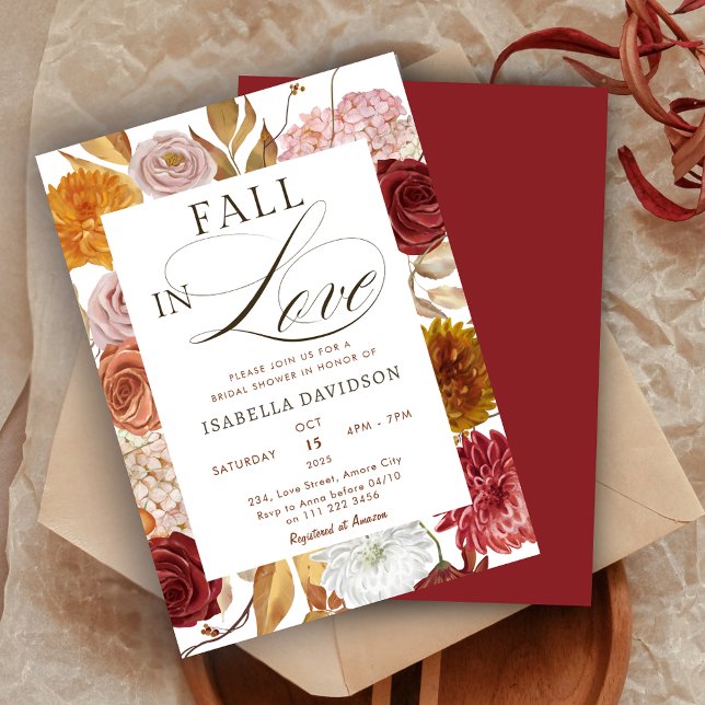 Convite Queda no amor, Chá de panela de outono de ferrugem (Fall in Love Floral Rust Autumn Bridal Shower Invitation)
