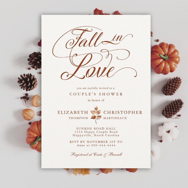 Convite Queda no amor Terracotta Autumn Leaf Casal Chá (fall in love couple wedding shower invitation romantic calligraphy terracotta elegant rustic boho)