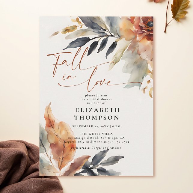Convite Queda no amor Terracotta deixa Chá de panela duplo (fall bridal shower invitations botanical foliage terracotta burnt orange leaves watercolor)