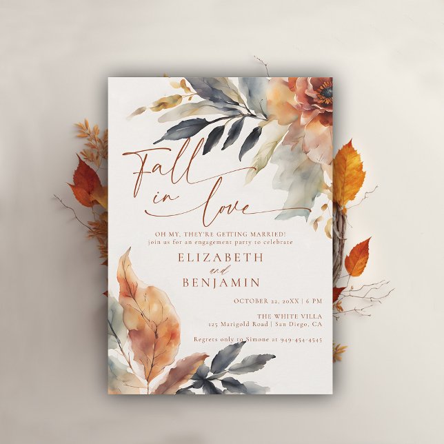 Convite Queda no amor Terracotta deixa Festa de noivado (fall engagement party invitation rustic leaves foliage floral botanical frame elegant backyard barn)