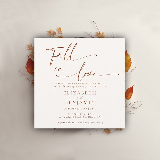 Convite Queda no amor Terracotta Festa de noivado mínima (fall engagement party invitation minimalist typography calligraphy terracotta elegant modern barn)