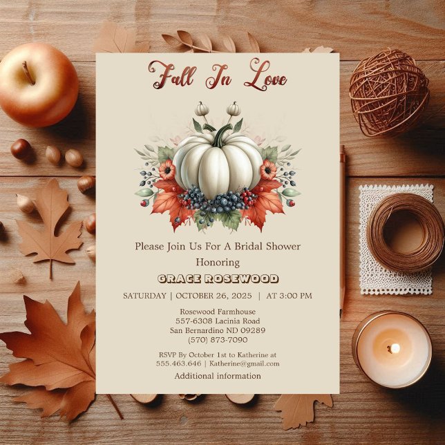 Convite Queda no Chá de panela de bege do Pumpkins Country (Fall In Love Pumpkins Country Beige Bridal Shower Invitation)