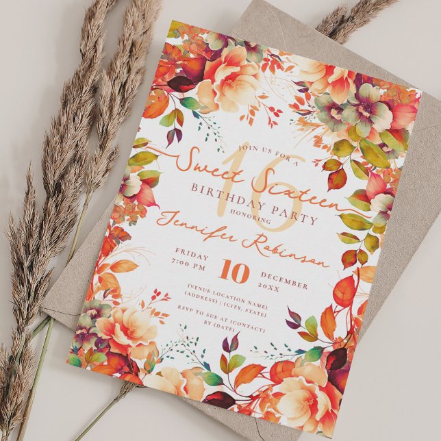 Convite Queda Romântica Jardim Floral do outono 16 (Romantic Fall Autumn Garden Floral Sweet 16 Invitation)