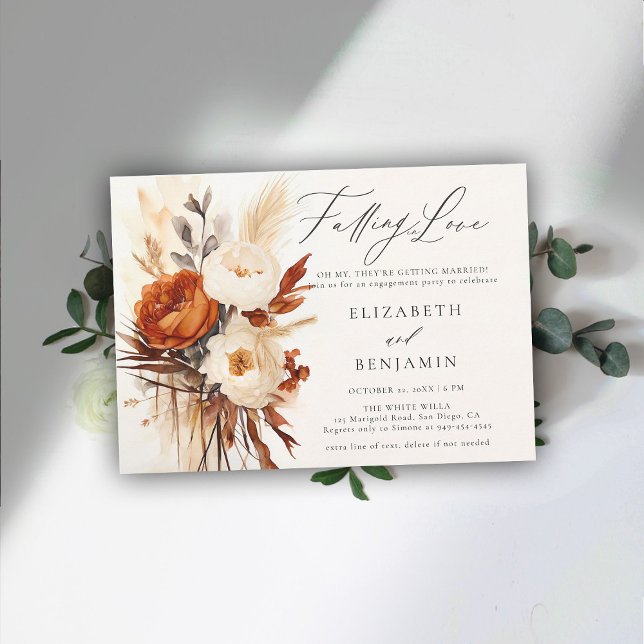Convite Queda Rosa da Festa de noivado Terrestre Romântica (fall engagement party invitation rustic peony rose boho pampas dry grass watercolor elegant rustic)
