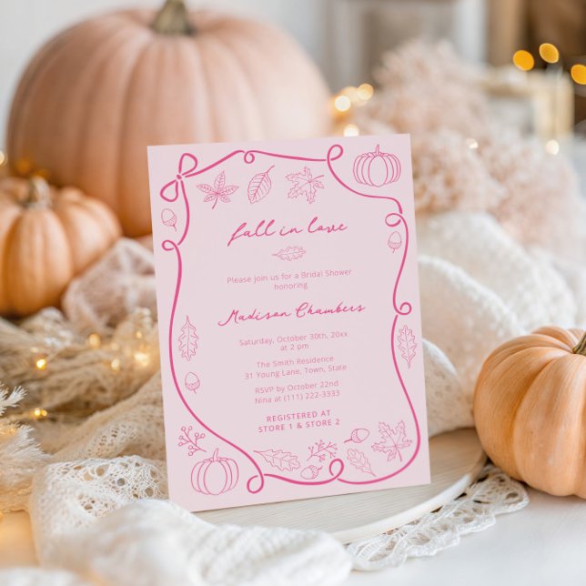 Convite Queda Rosa Quente Desenhada À Mão Em Chá de panela (Fall in Love blush pink and fuchsia wedding shower invite cards featuring handwritten font)