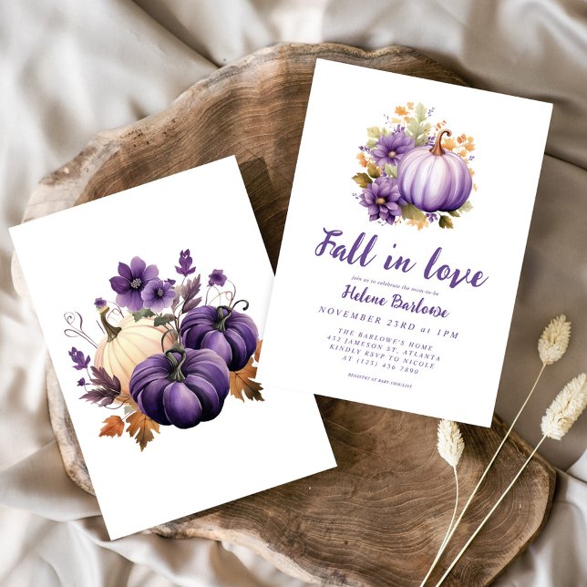 Convite Queda Roxa no Chá de fraldas de Abóbora (Purple Fall In Love Pumpkin Baby Shower Invitation)