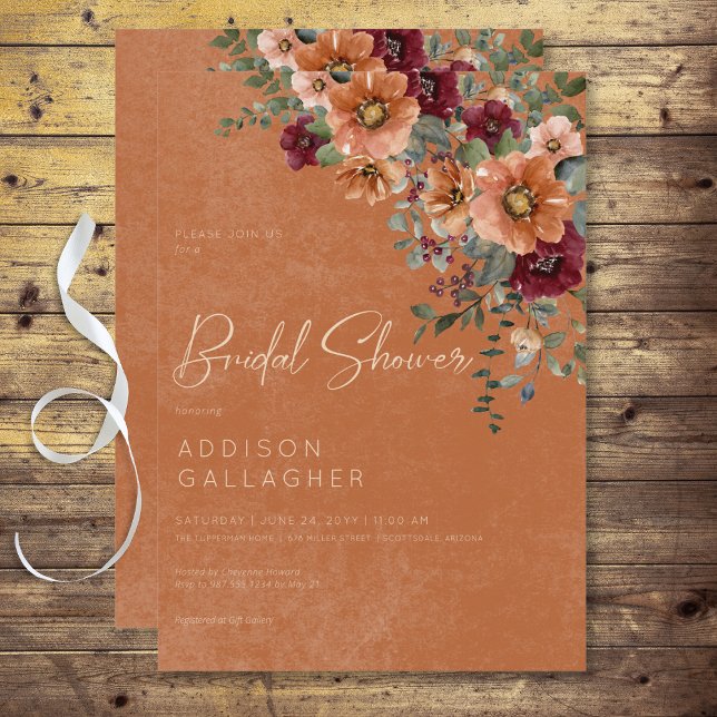 Convite Queda Rust russa e Chá de panela Floral de Vinho (Fall Rustic Rust & Wine Floral Bridal Shower Invitation)