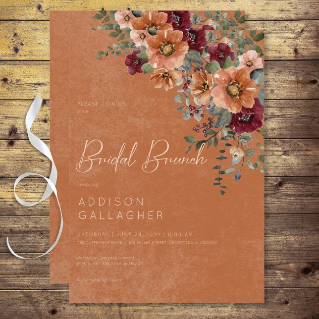Convite Queda Rustic Rust & Wine Floral Bridal Brunt (Fall Rustic Rust & Wine Floral Bridal Brunch Invitation)