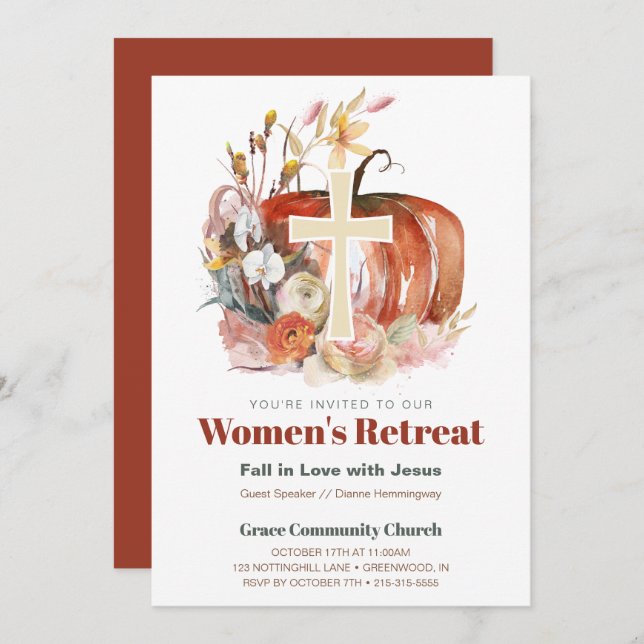 Convite Queda Watercolor Pumpkin & Cross Women Ministry (Frente/Verso)