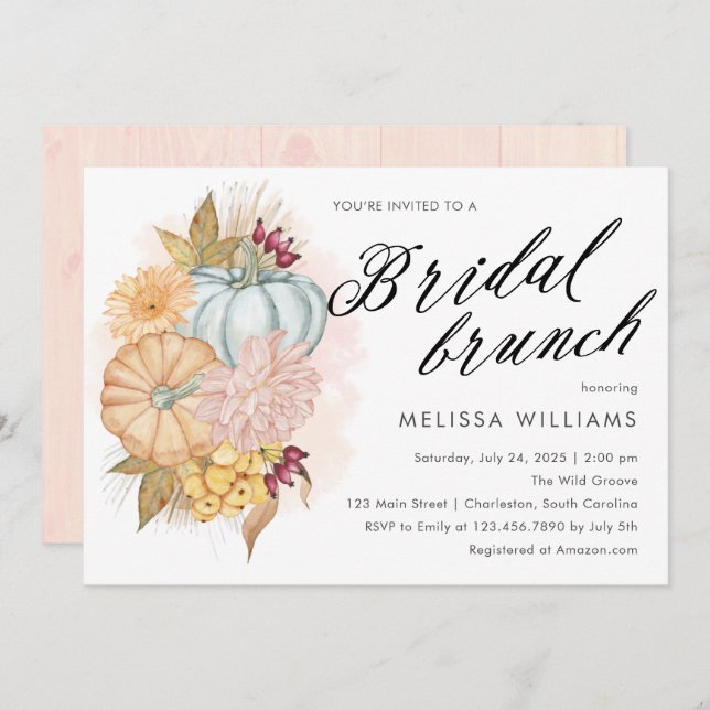 Convite Quedas de Aquarela Bombas e Foliage Bridal Brunch (Frente/Verso)