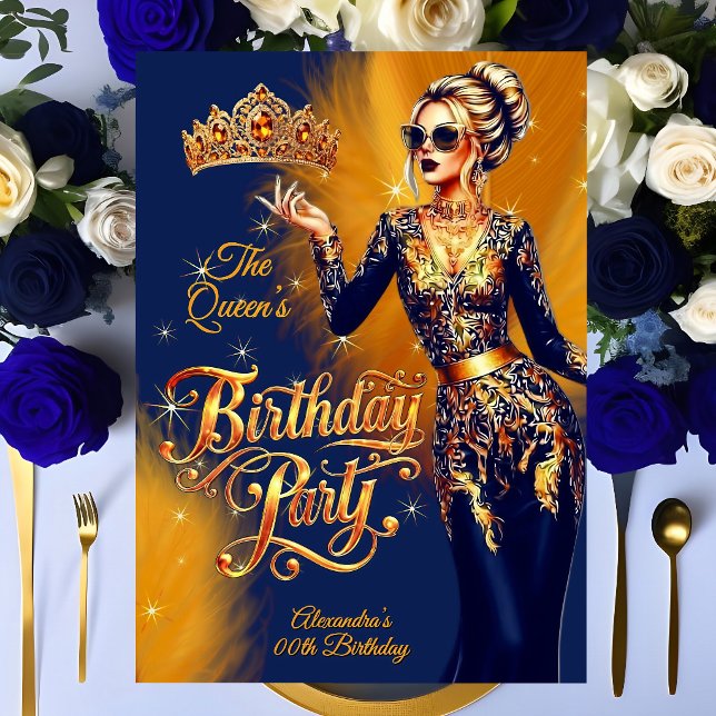 Convite Queen Birthday Gold Orange Navy Blue Dress Party (Criador carregado)