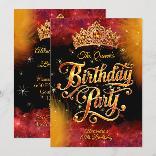 Convite Queen Princess Birthday Gold Orange Red Party (Frente/Verso)