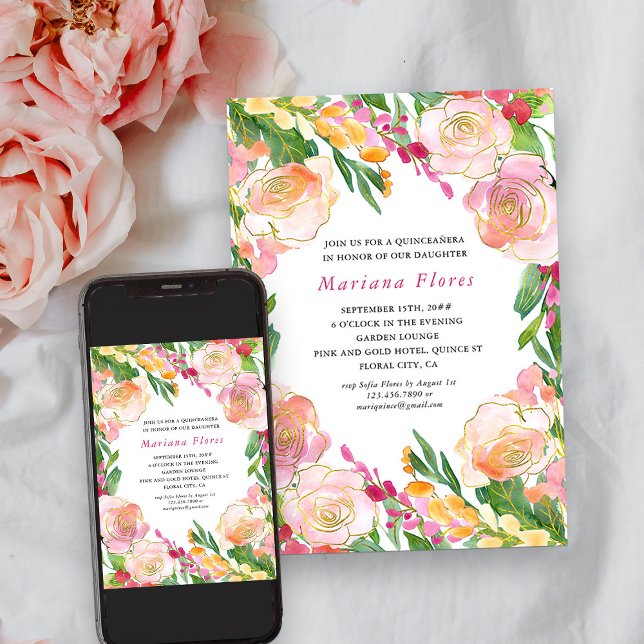 Convite Queiceanera Dourada, cor-de-rosa, (Quinceanera Invitation from my Floral Chic Quinceanera Collection)