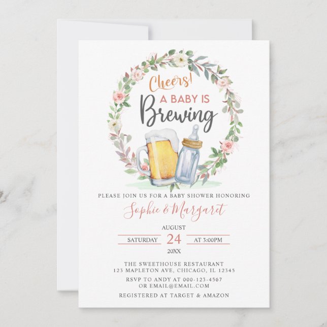 Convite Queijos Florais Rosa Que Um Bebê Está Criando Chá  (Frente)