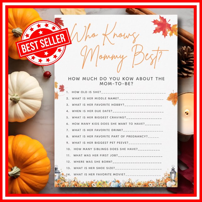 Convite Quem Conhece Melhor a Mamãe Perguntas Jogo de Chuv (WHO KNOWS MOMMY BEST Baby Shower Game with Answers A Little Pumpkin is on the Way Theme )