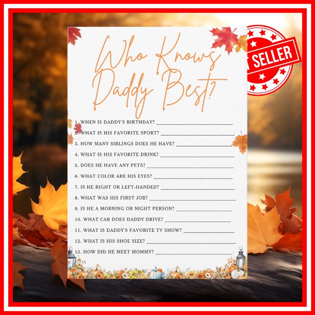 Convite QUEM CONHECE PAPAI MELHOR Jogo para Chá de Bebê AB (WHO KNOWS DADDY BEST Easy Baby Shower Game A Little Pumpkin is on the Way Fall Autumn Theme)