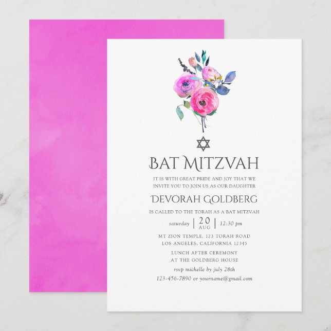 Convite Quente-Cor-de-Água - Bat Floral Mitzvah (Frente/Verso)