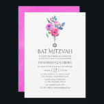Convite Quente-Cor-de-Água - Bat Floral Mitzvah<br><div class="desc">Rosas e peônias de temas cor-de-rosa-quente sutil,  convites de morcego floral mitzvah com acentos de roxo,  turquesa,  azul e violeta.</div>