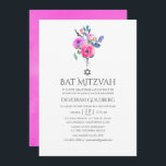 Convite Quente-Cor-de-Água - Bat Floral Mitzvah<br><div class="desc">Rosas e peônias de temas cor-de-rosa-quente sutil,  convites de morcego floral mitzvah com acentos de roxo,  turquesa,  azul e violeta.</div>