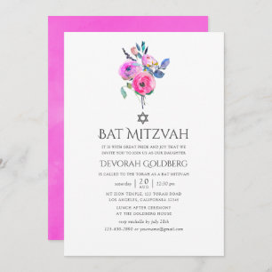 Convite Quente-Cor-de-Água - Bat Floral Mitzvah